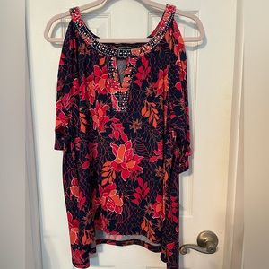 Ava and Grace ladies large blue multi-color blouse with peekaboo sleeves. Size L